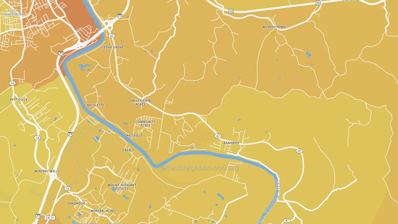 Map of the best neighborhoods in the 26142 area, with better matches in green and worse matches in red