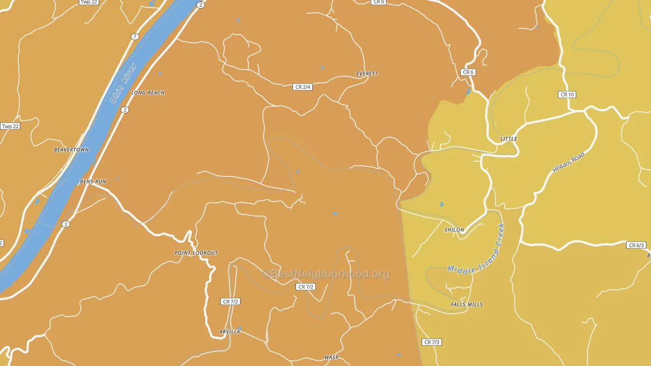 Map of the best neighborhoods in the 26146 area, with better matches in green and worse matches in red