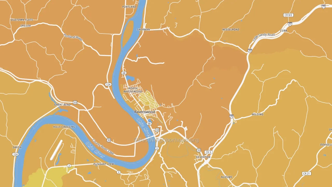 Map of the best neighborhoods in the 26164 area, with better matches in green and worse matches in red