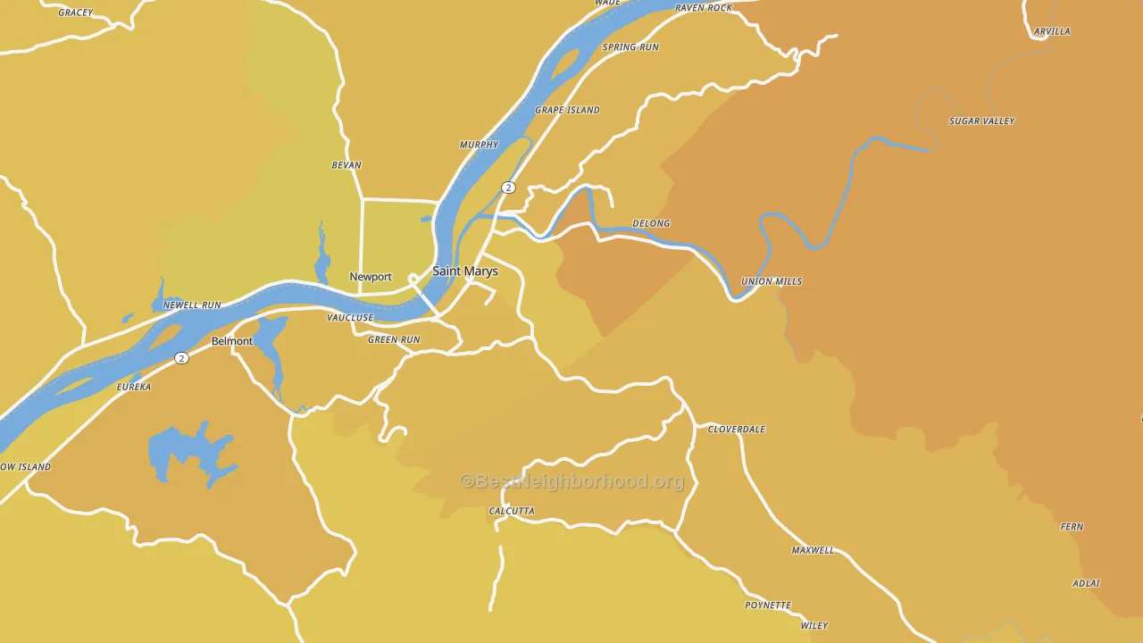 Map of the best neighborhoods in the 26170 area, with better matches in green and worse matches in red