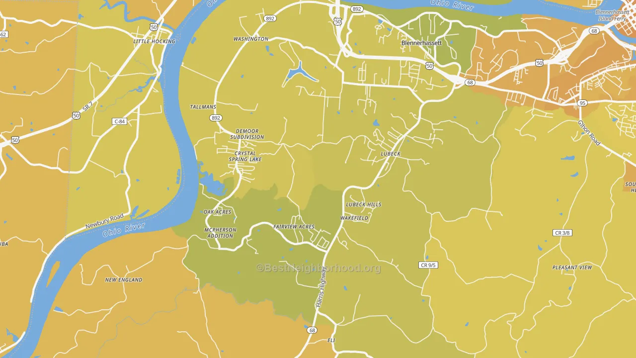 Map of the best neighborhoods in the 26181 area, with better matches in green and worse matches in red