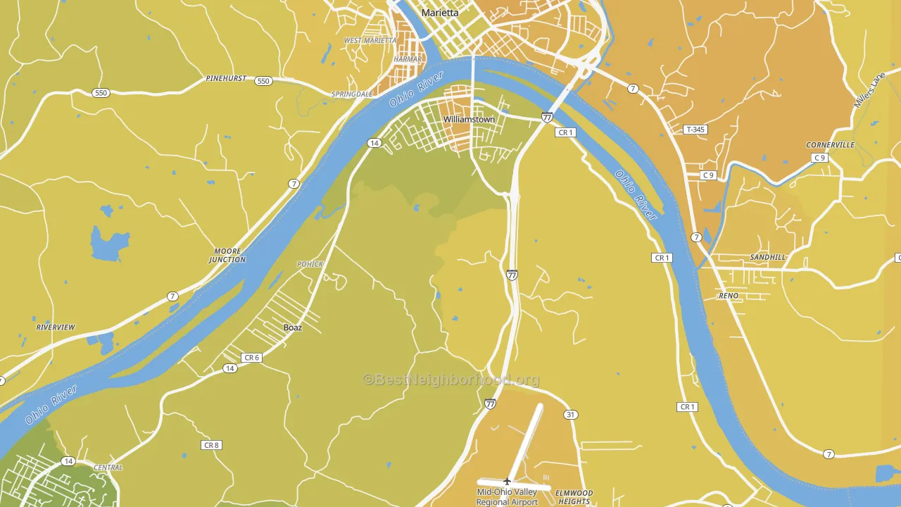 Map of the best neighborhoods in the 26187 area, with better matches in green and worse matches in red