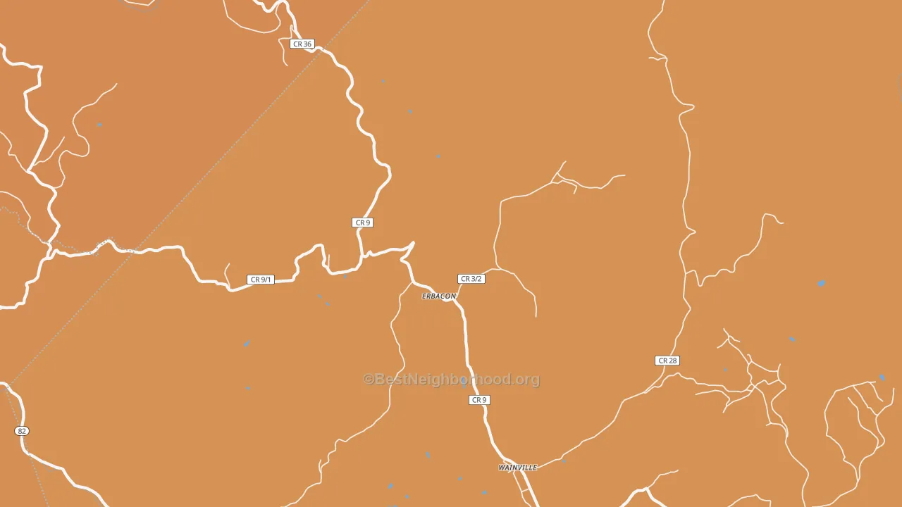 Map of the best neighborhoods in the 26203 area, with better matches in green and worse matches in red