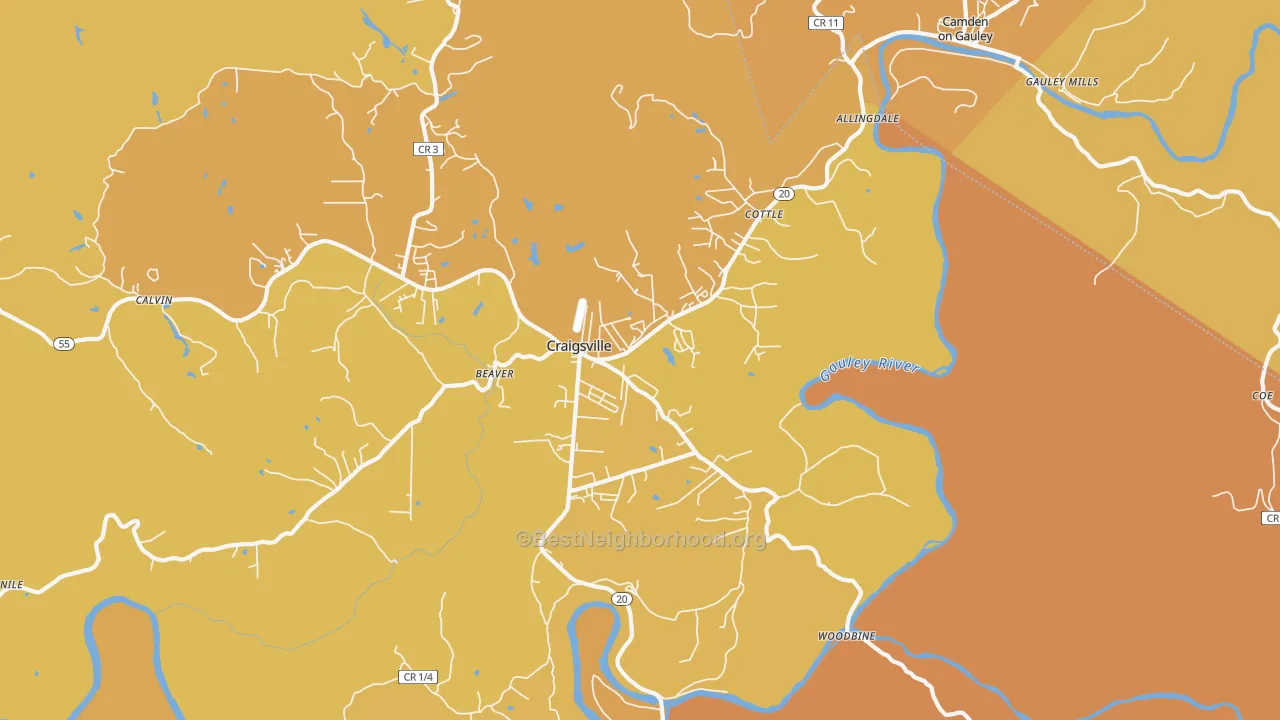 Map of the best neighborhoods in the 26205 area, with better matches in green and worse matches in red
