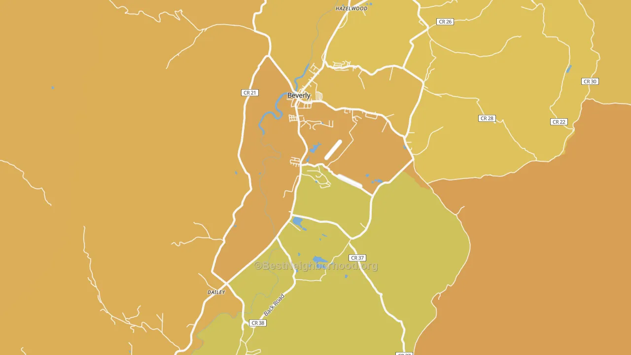 Map of the best neighborhoods in the 26253 area, with better matches in green and worse matches in red