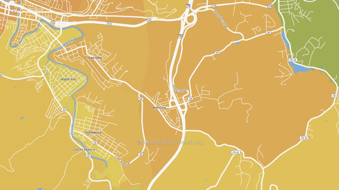 Map of the best neighborhoods in the 26323 area, with better matches in green and worse matches in red