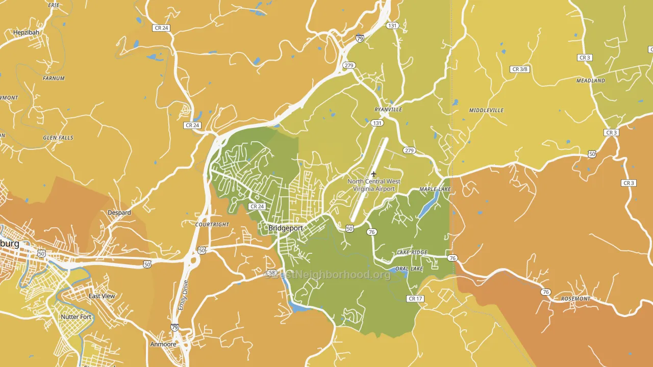 Map of the best neighborhoods in the 26330 area, with better matches in green and worse matches in red