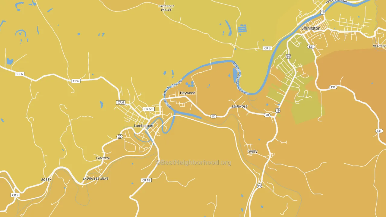 Map of the best neighborhoods in the 26366 area, with better matches in green and worse matches in red