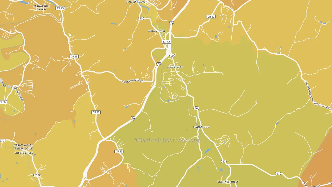 Map of the best neighborhoods in the 26408 area, with better matches in green and worse matches in red