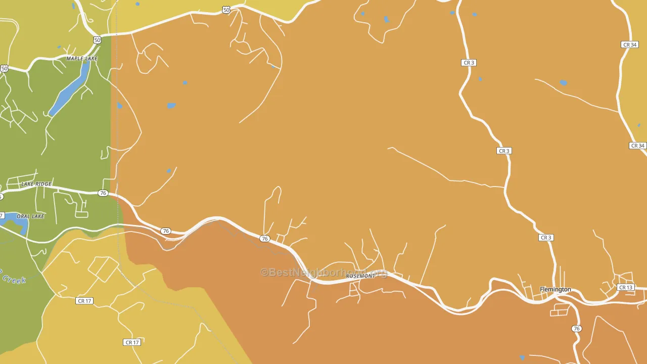 Map of the best neighborhoods in the 26424 area, with better matches in green and worse matches in red