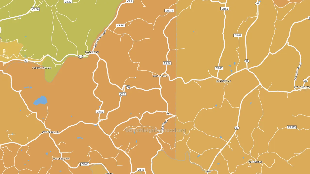 Map of the best neighborhoods in the 26440 area, with better matches in green and worse matches in red