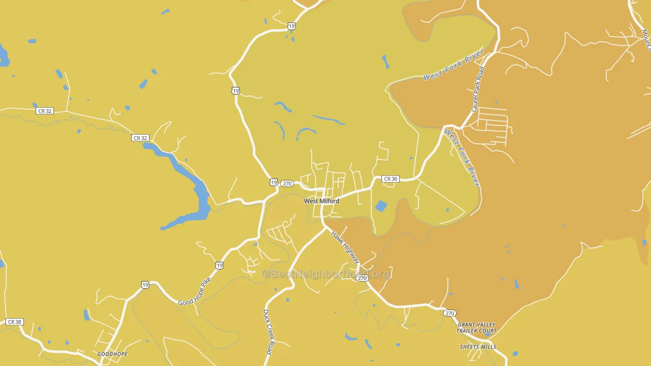 Map of the best neighborhoods in the 26451 area, with better matches in green and worse matches in red