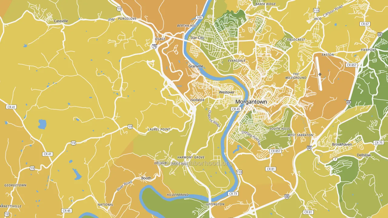 Map of the best neighborhoods in the 26501 area, with better matches in green and worse matches in red