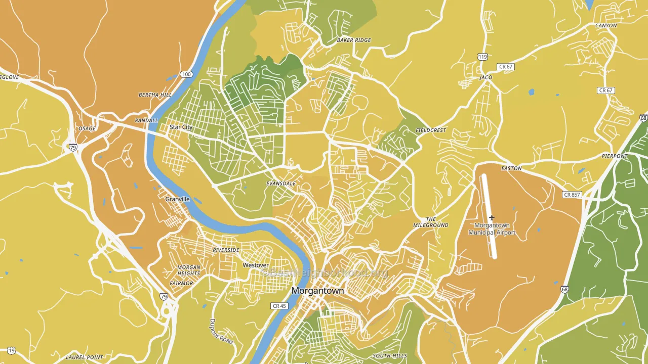 Map of the best neighborhoods in the 26505 area, with better matches in green and worse matches in red