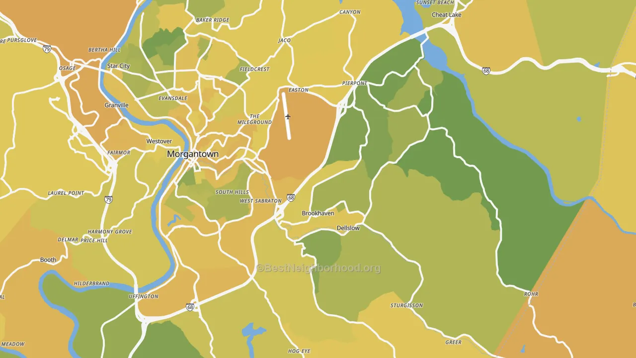 Map of the best neighborhoods in the 26508 area, with better matches in green and worse matches in red