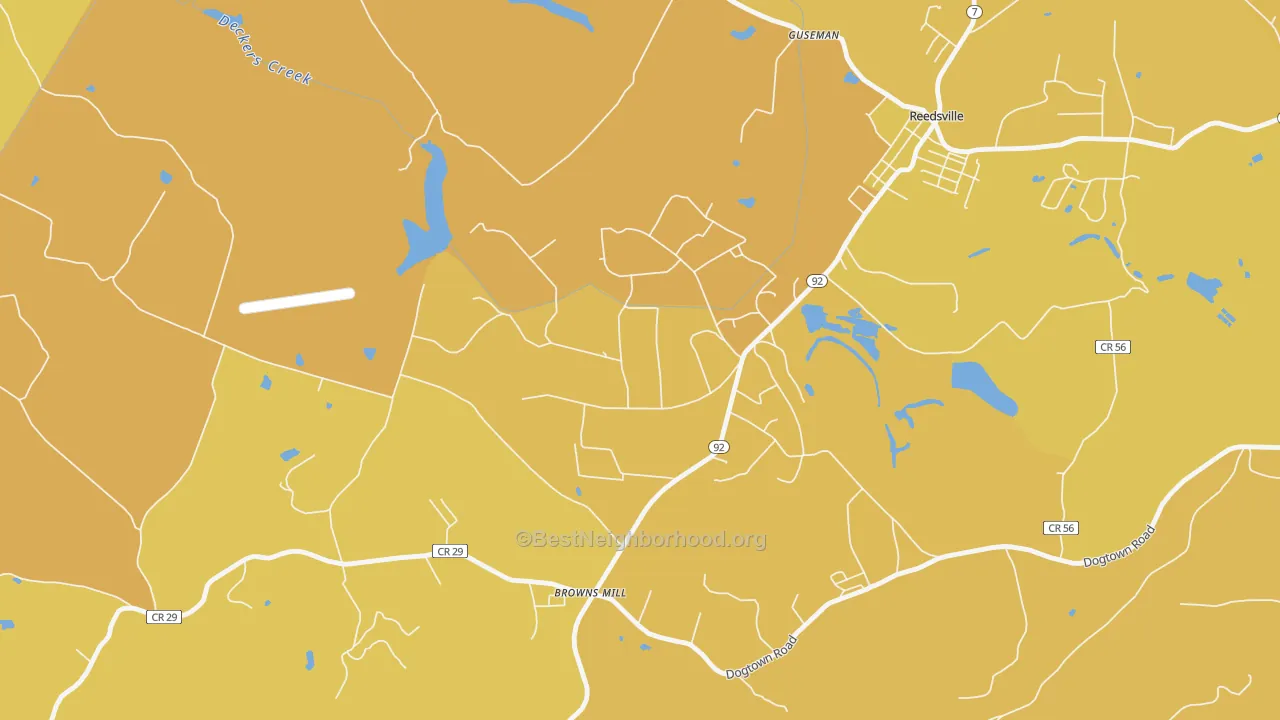 Map of the best neighborhoods in the 26520 area, with better matches in green and worse matches in red
