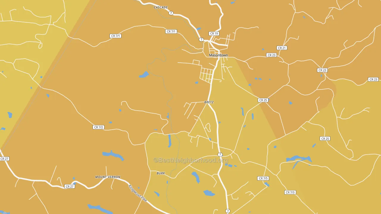Map of the best neighborhoods in the 26524 area, with better matches in green and worse matches in red