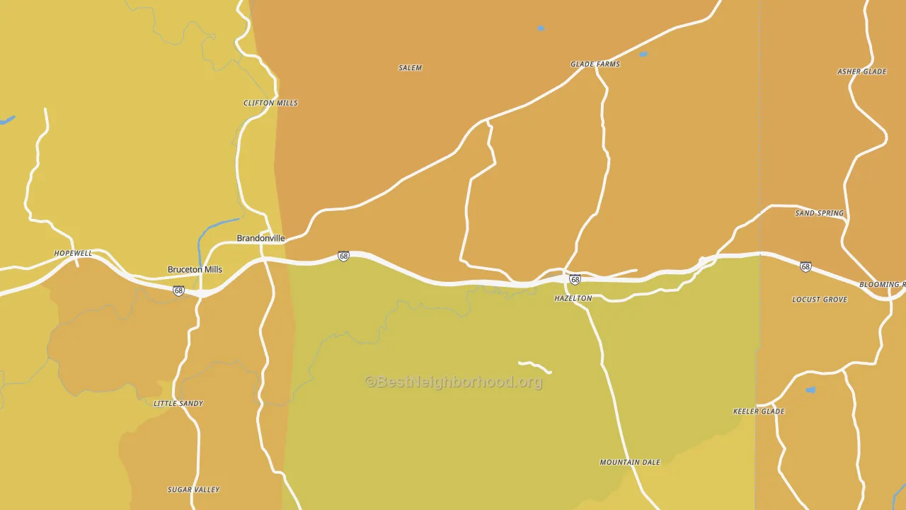 Map of the best neighborhoods in the 26525 area, with better matches in green and worse matches in red