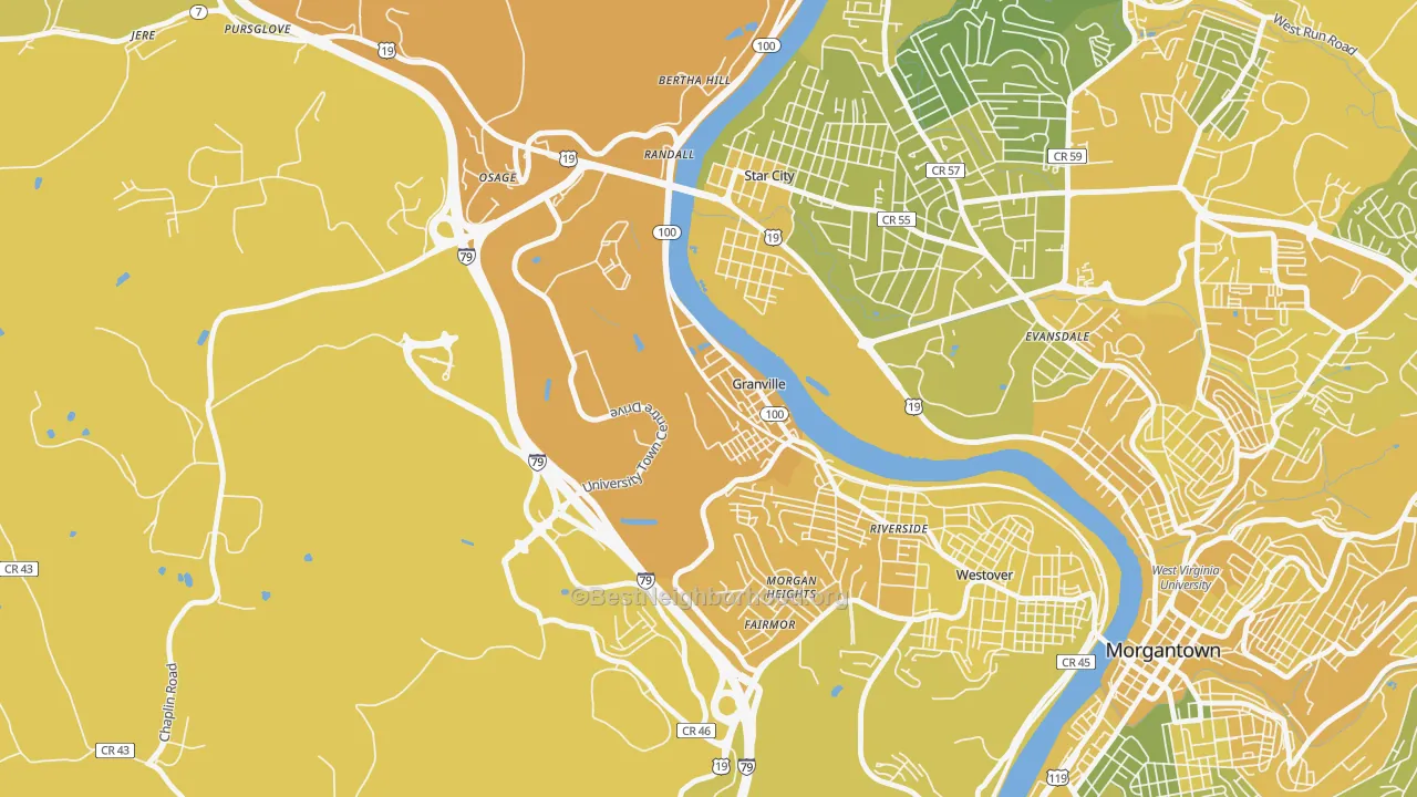 Map of the best neighborhoods in the 26534 area, with better matches in green and worse matches in red