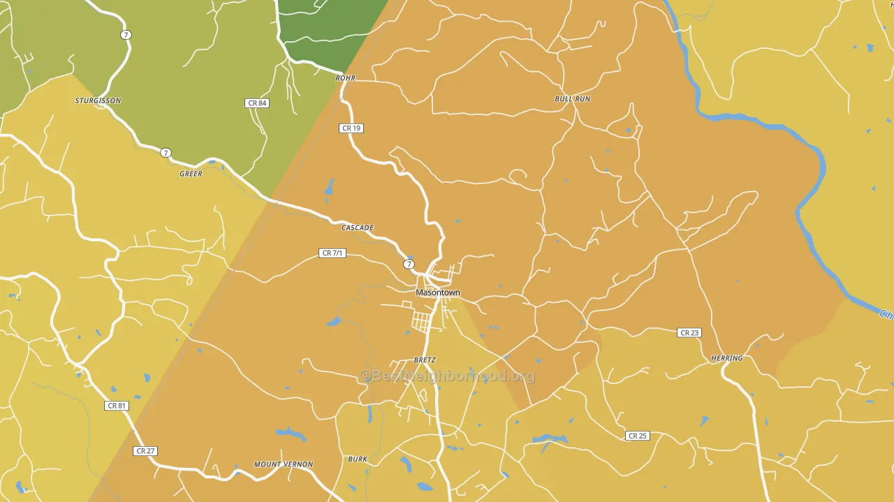 Map of the best neighborhoods in the 26542 area, with better matches in green and worse matches in red