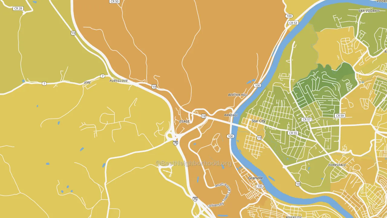Map of the best neighborhoods in the 26543 area, with better matches in green and worse matches in red