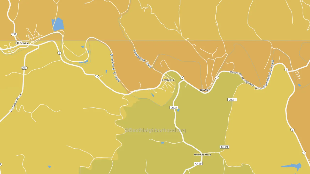 Map of the best neighborhoods in the 26544 area, with better matches in green and worse matches in red