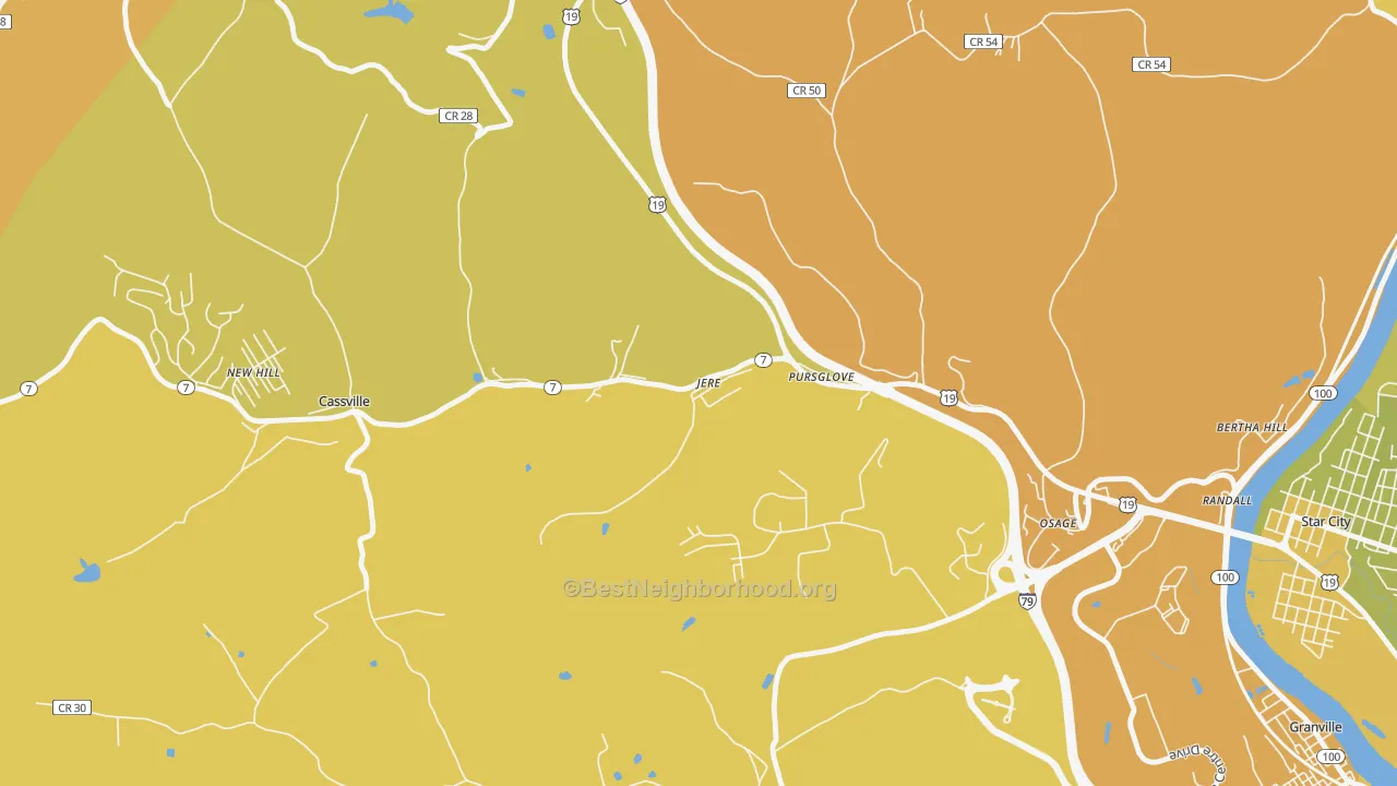 Map of the best neighborhoods in the 26546 area, with better matches in green and worse matches in red