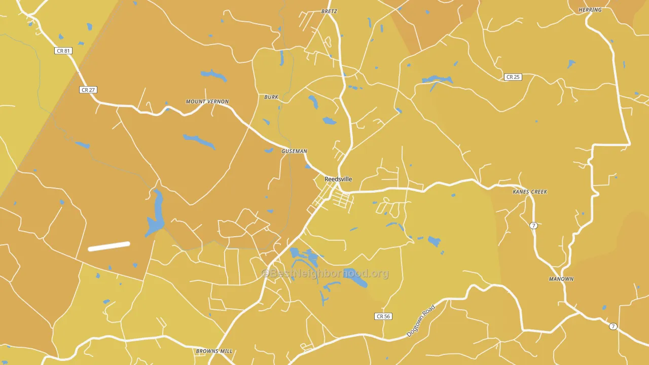 Map of the best neighborhoods in the 26547 area, with better matches in green and worse matches in red