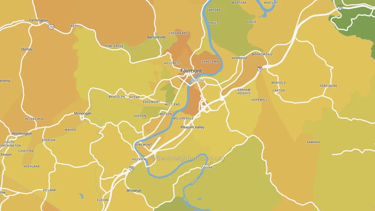 Map of the best neighborhoods in the 26554 area, with better matches in green and worse matches in red