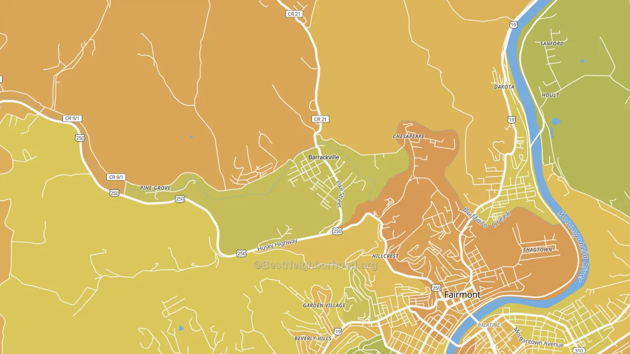 Map of the best neighborhoods in the 26559 area, with better matches in green and worse matches in red