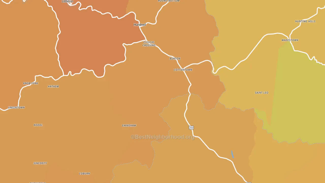 Map of the best neighborhoods in the 26562 area, with better matches in green and worse matches in red
