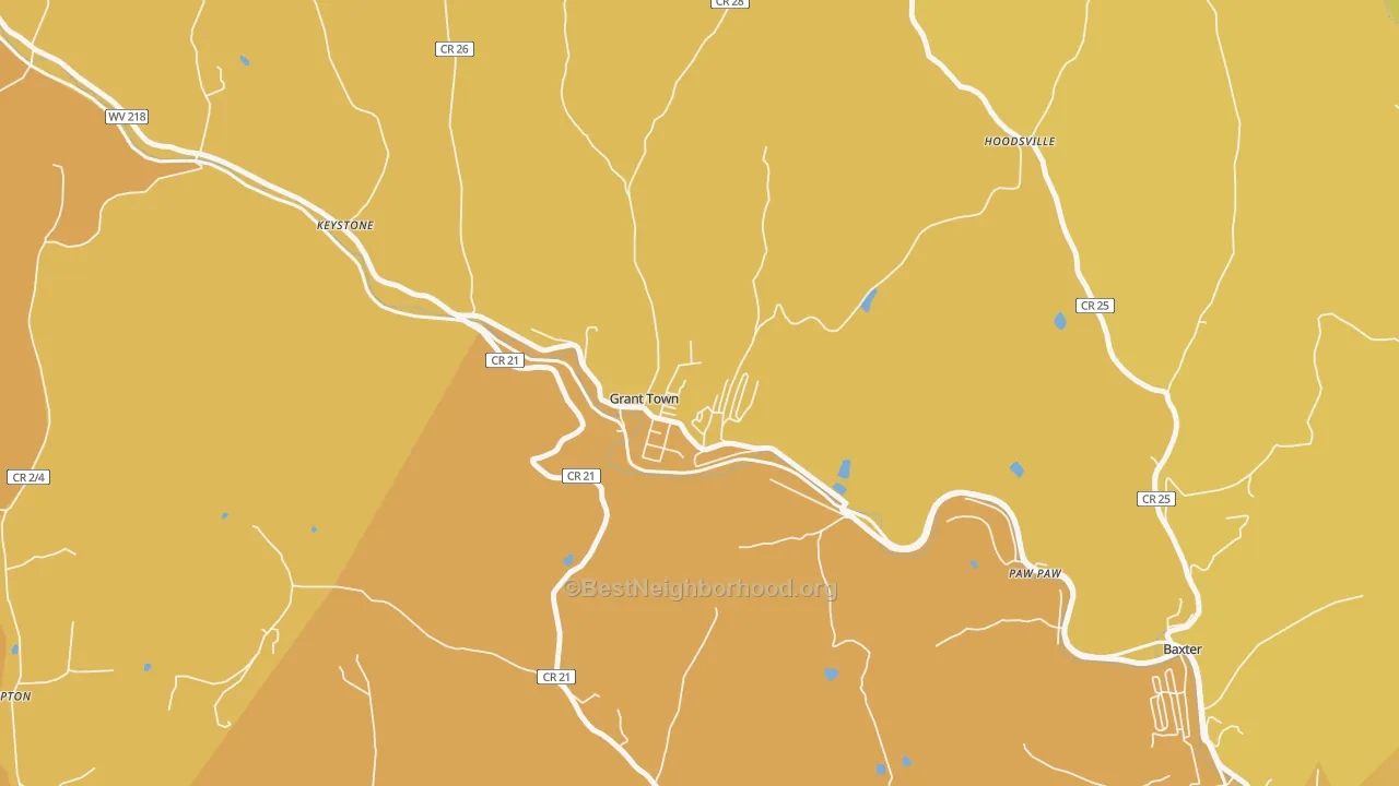 Map of the best neighborhoods in the 26574 area, with better matches in green and worse matches in red