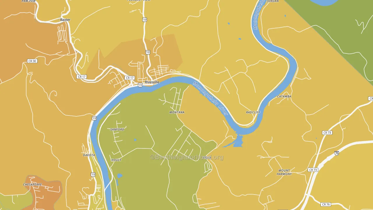 Map of the best neighborhoods in the 26586 area, with better matches in green and worse matches in red