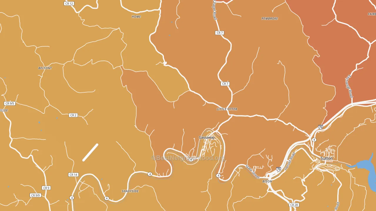 Map of the best neighborhoods in the 26624 area, with better matches in green and worse matches in red