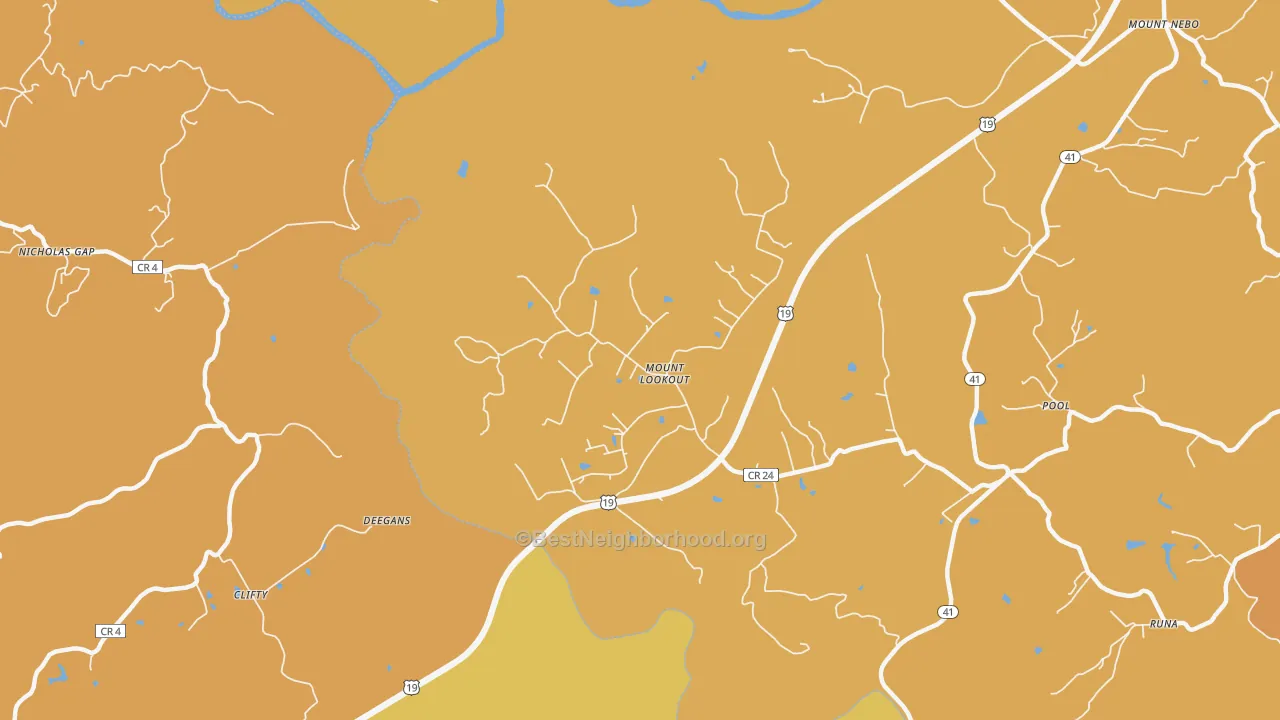 Map of the best neighborhoods in the 26678 area, with better matches in green and worse matches in red