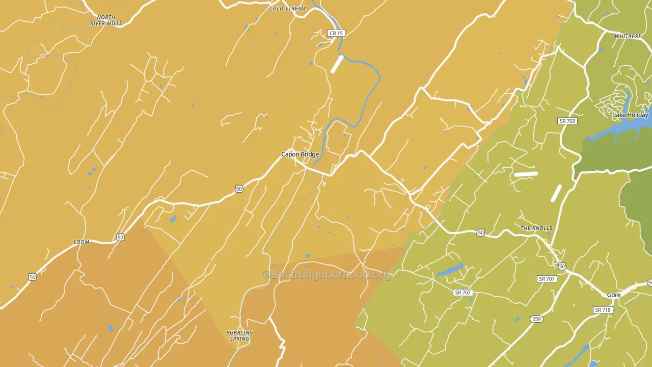 Map of the best neighborhoods in the 26711 area, with better matches in green and worse matches in red