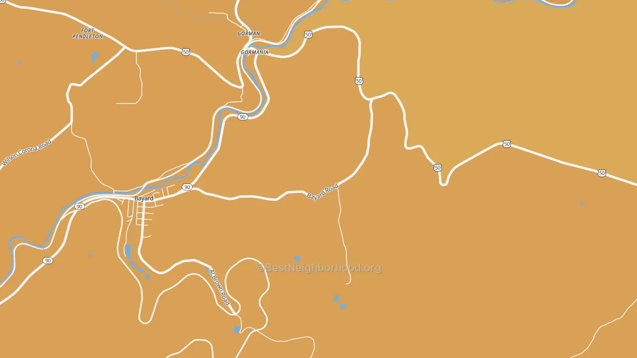 Map of the best neighborhoods in the 26720 area, with better matches in green and worse matches in red