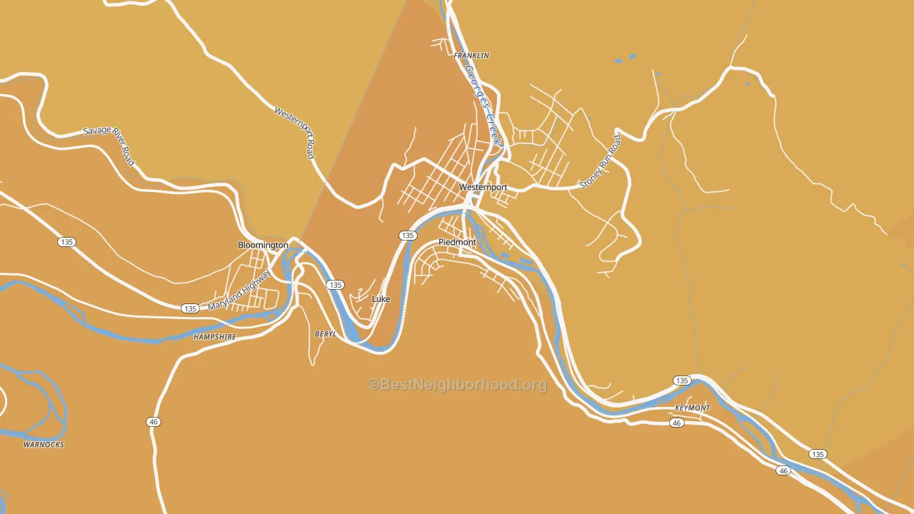 Map of the best neighborhoods in the 26750 area, with better matches in green and worse matches in red