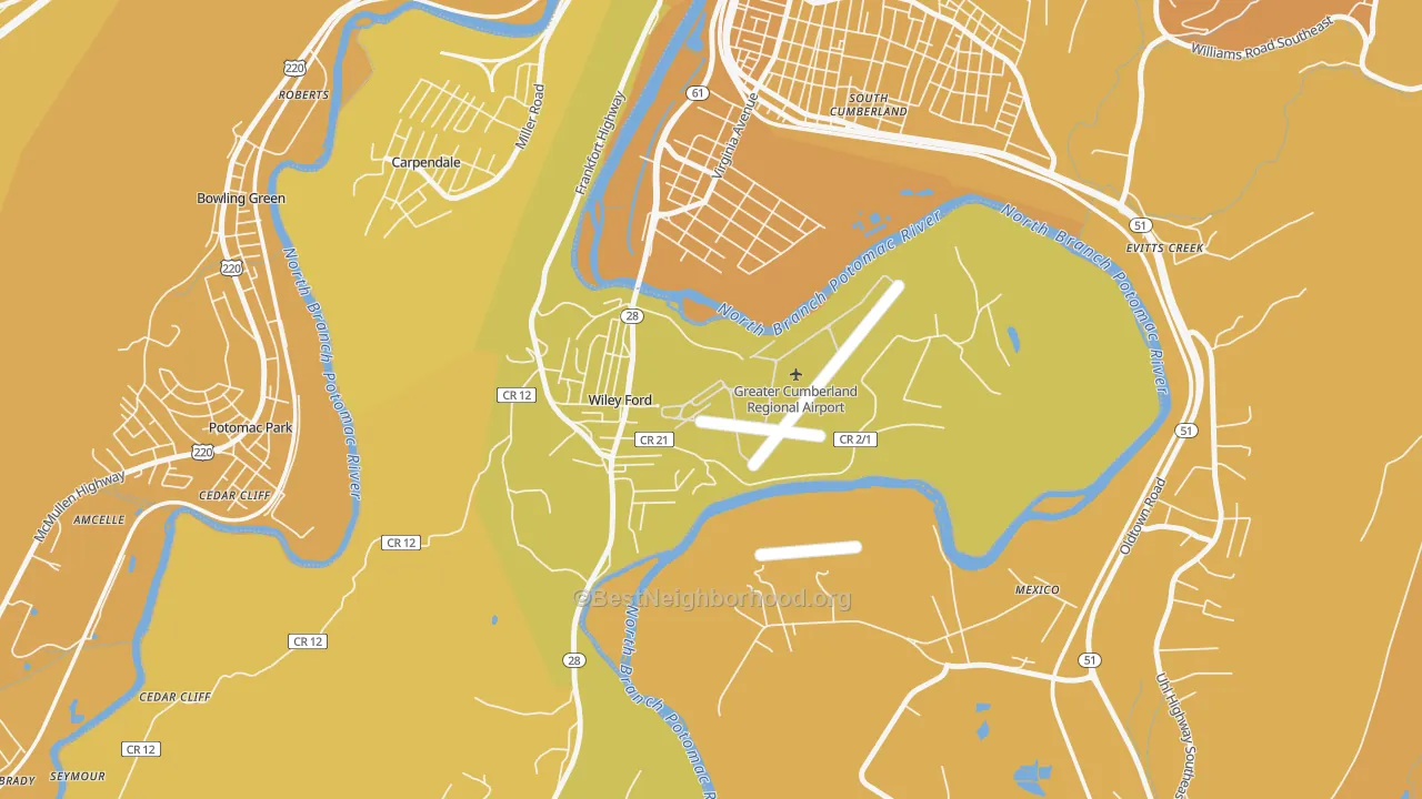 Map of the best neighborhoods in the 26767 area, with better matches in green and worse matches in red