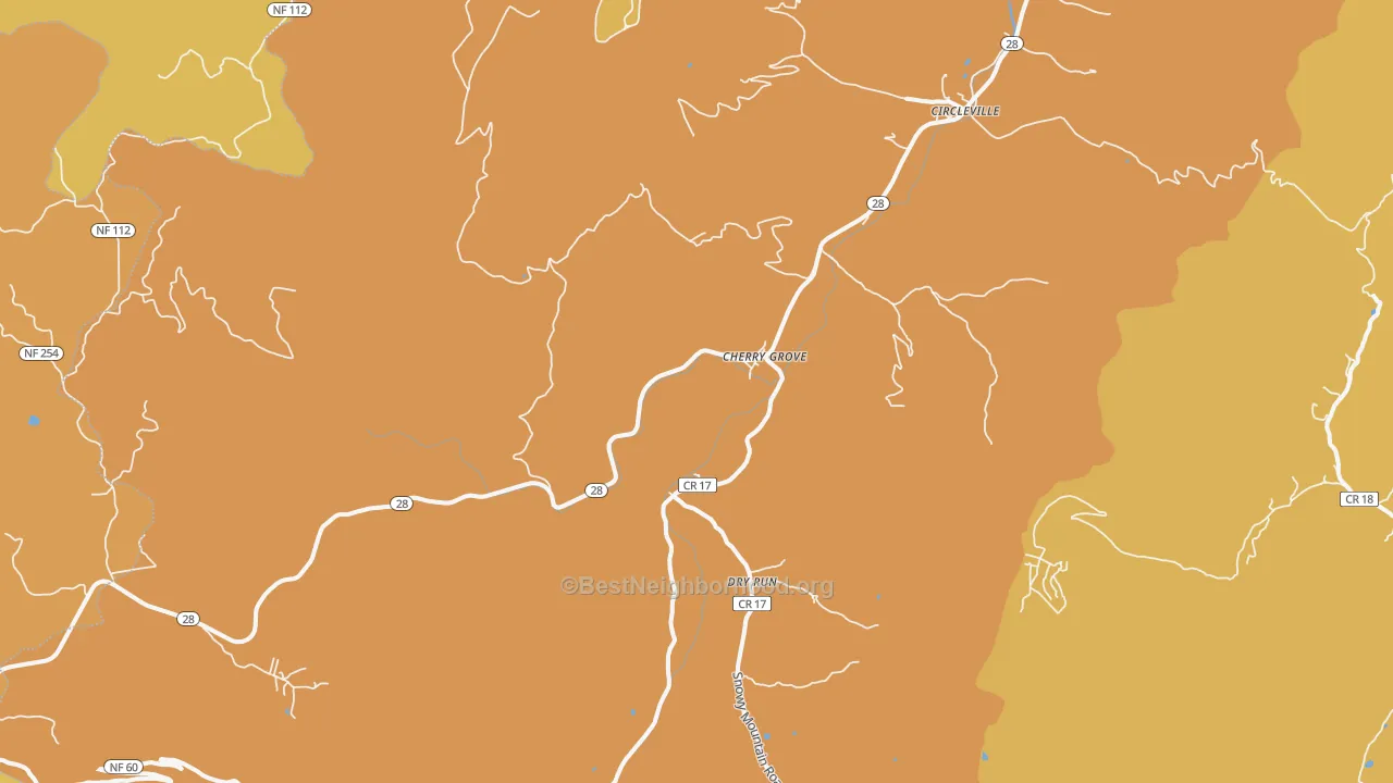 Map of the best neighborhoods in the 26804 area, with better matches in green and worse matches in red
