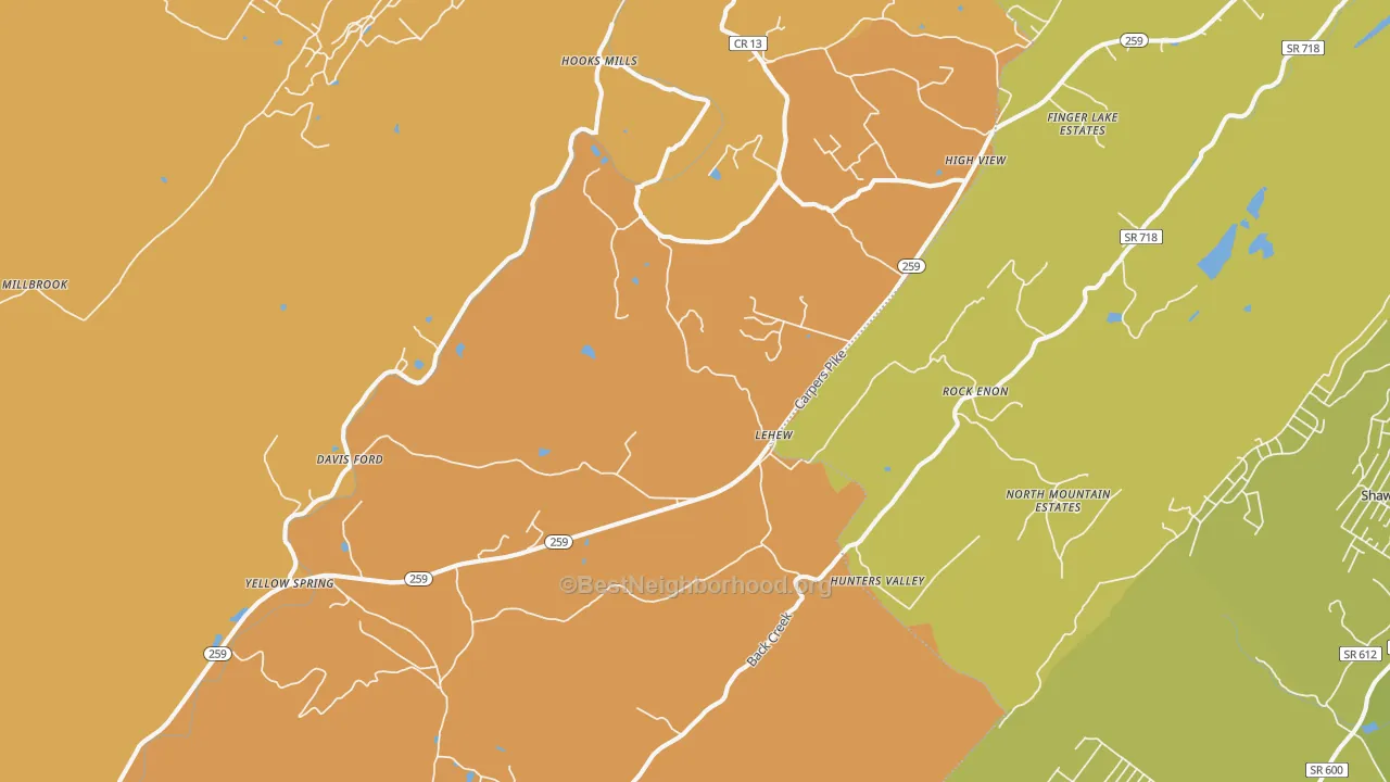 Map of the best neighborhoods in the 26808 area, with better matches in green and worse matches in red