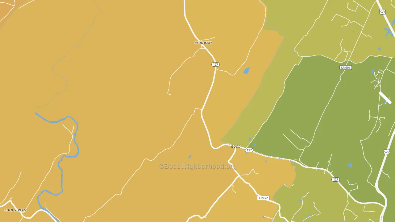 Map of the best neighborhoods in the 26817 area, with better matches in green and worse matches in red