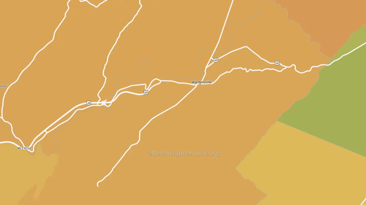 Map of the best neighborhoods in the 26851 area, with better matches in green and worse matches in red