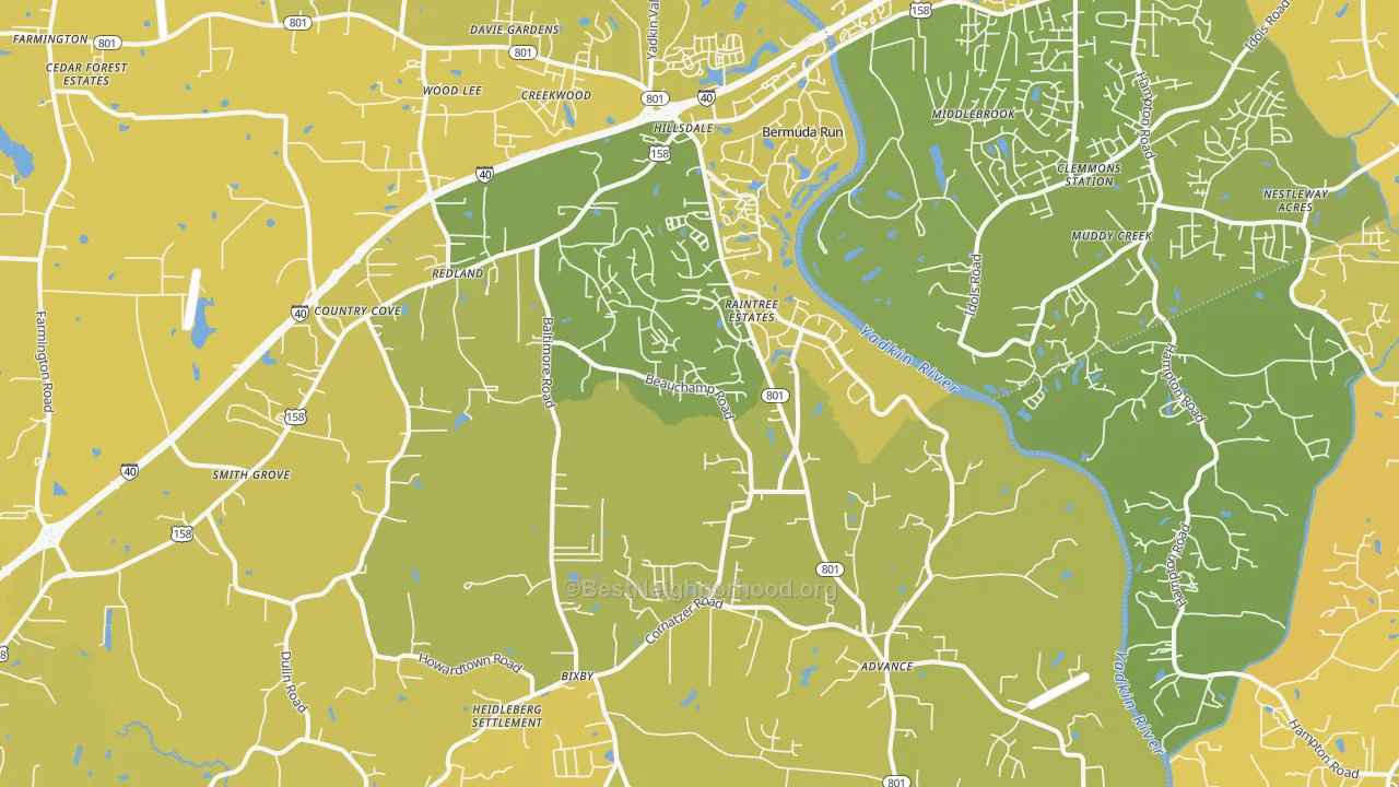 Map of the best neighborhoods in the 27006 area, with better matches in green and worse matches in red