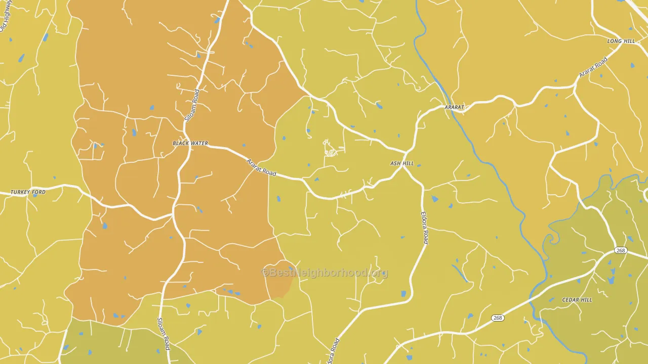 Map of the best neighborhoods in the 27007 area, with better matches in green and worse matches in red