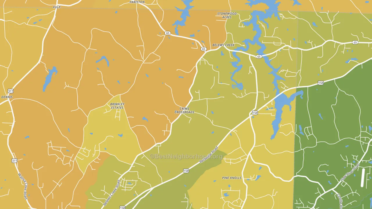 Map of the best neighborhoods in the 27009 area, with better matches in green and worse matches in red