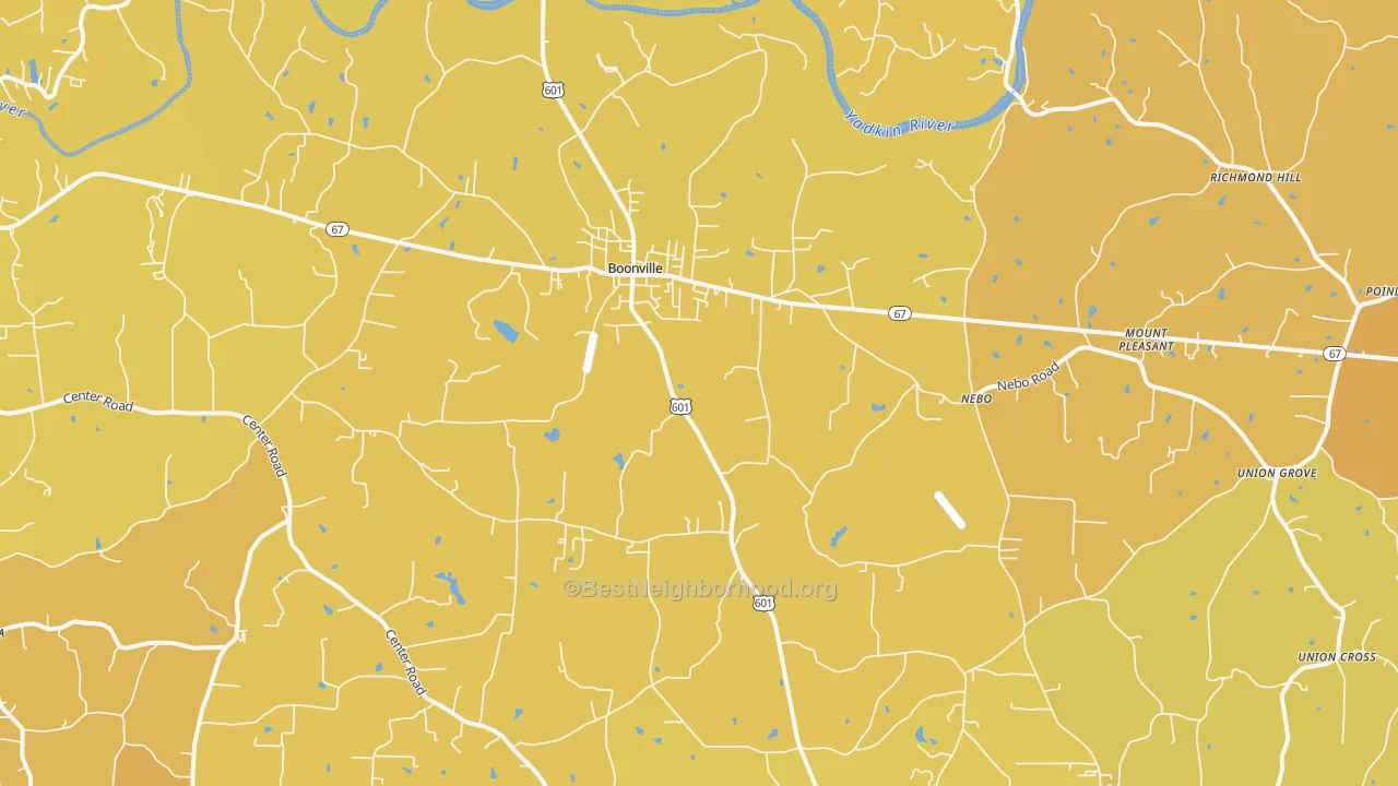 Map of the best neighborhoods in the 27011 area, with better matches in green and worse matches in red