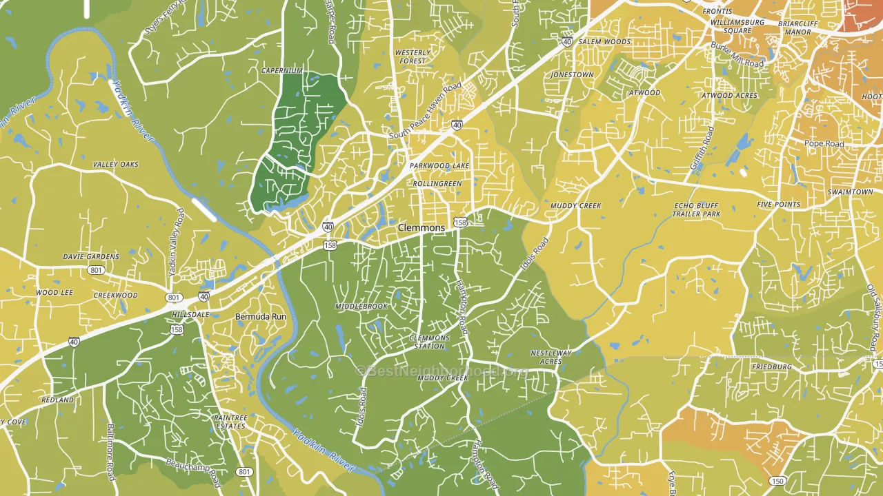 Map of the best neighborhoods in the 27012 area, with better matches in green and worse matches in red