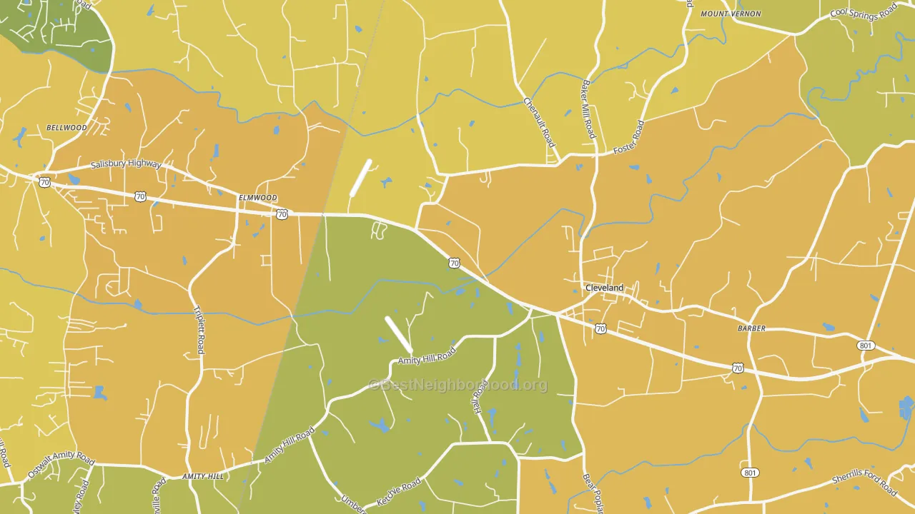 Map of the best neighborhoods in the 27013 area, with better matches in green and worse matches in red
