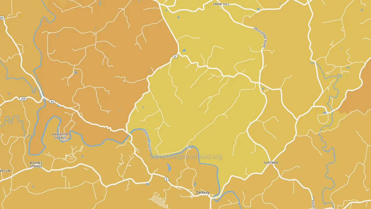 Map of the best neighborhoods in the 27016 area, with better matches in green and worse matches in red